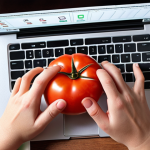 **

Person using a Pomodoro timer while studying online. Laptop open with a course visible, a timer on the desk. The scene should suggest focused work and short breaks. Use natural lighting to show productivity.