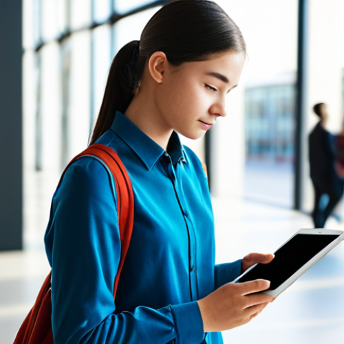 Home 8 A young adult student, fully clothed in professional, modest attire, is deeply engaged with a sleek tablet device in a contemporary, sunlit learning hub. The screen displays vibrant, interactive educational content, suggesting an adaptive learning platform. The student's posture is natural, showcasing focused attention and a sense of discovery. The background is softly blurred, implying a modern, technologically advanced learning environment. The image conveys curiosity and personalized academic progression. perfect anatomy, correct proportions, natural pose, well-formed hands, proper finger count, natural body proportions, safe for work, appropriate content, fully clothed, professional, high quality, studio lighting.