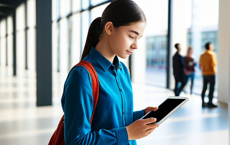 A young adult student, fully clothed in professional, modest attire, is deeply engaged with a sleek tablet device in a contemporary, sunlit learning hub. The screen displays vibrant, interactive educational content, suggesting an adaptive learning platform. The student's posture is natural, showcasing focused attention and a sense of discovery. The background is softly blurred, implying a modern, technologically advanced learning environment. The image conveys curiosity and personalized academic progression. perfect anatomy, correct proportions, natural pose, well-formed hands, proper finger count, natural body proportions, safe for work, appropriate content, fully clothed, professional, high quality, studio lighting.