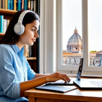 Focused Study Environment**

"A young Italian woman, fully clothed in comfortable casual wear, studying at a tidy desk in a bright, modern apartment in Rome. Laptop open with a learning platform visible, headphones on. Background shows bookshelves and a window overlooking a charming Roman street. She is using the Pomodoro Technique timer on her phone. Safe for work, appropriate content, professional, perfect anatomy, correct proportions, well-formed hands, proper finger count, natural body proportions, high quality rendering, professional photography, family-friendly."

**