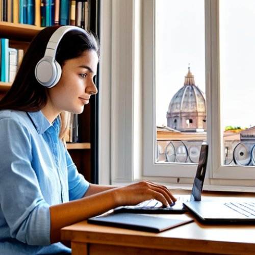 Focused Study Environment**

"A young Italian woman, fully clothed in comfortable casual wear, studying at a tidy desk in a bright, modern apartment in Rome. Laptop open with a learning platform visible, headphones on. Background shows bookshelves and a window overlooking a charming Roman street. She is using the Pomodoro Technique timer on her phone. Safe for work, appropriate content, professional, perfect anatomy, correct proportions, well-formed hands, proper finger count, natural body proportions, high quality rendering, professional photography, family-friendly."

**