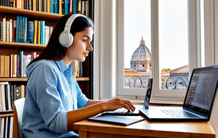 Focused Study Environment**
"A young Italian woman, fully clothed in comfortable casual wear, studying at a tidy desk in a bright, modern apartment in Rome. Laptop open with a learning platform visible, headphones on. Background shows bookshelves and a window overlooking a charming Roman street. She is using the Pomodoro Technique timer on her phone. Safe for work, appropriate content, professional, perfect anatomy, correct proportions, well-formed hands, proper finger count, natural body proportions, high quality rendering, professional photography, family-friendly."
**