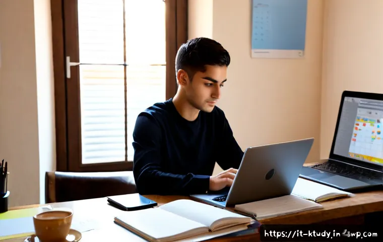 디지털 학습 환경에서의 과제 관리 - Photorealistic Italian university student organizing digital coursework on a laptop and tablet at a ...