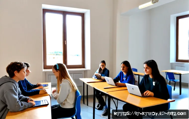 Home 16 디지털 학습 환경을 위한 커뮤니케이션 도구 - Photorealistic Italian secondary school classroom during a collaborative digital lesson, diverse tee...